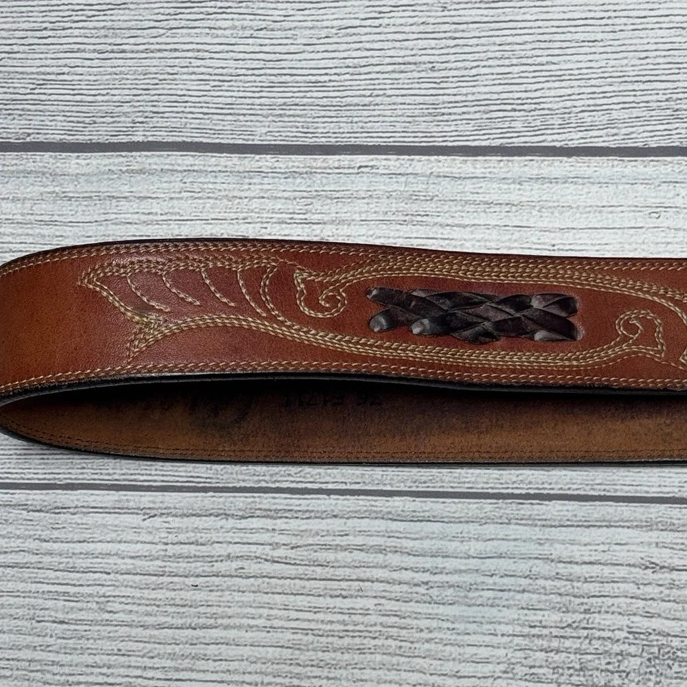 LEEGIN Brown Leather Belt Men's Size 36 Vintage Brass Budweiser Belt Buckle